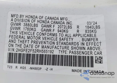 2024 Honda Civic Sport из США, поврежденный, VIN 2HGFE2F52RH565192